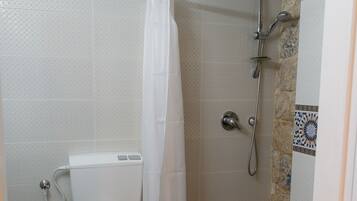 A bathroom with a toilet, shower, and a tiled wall.