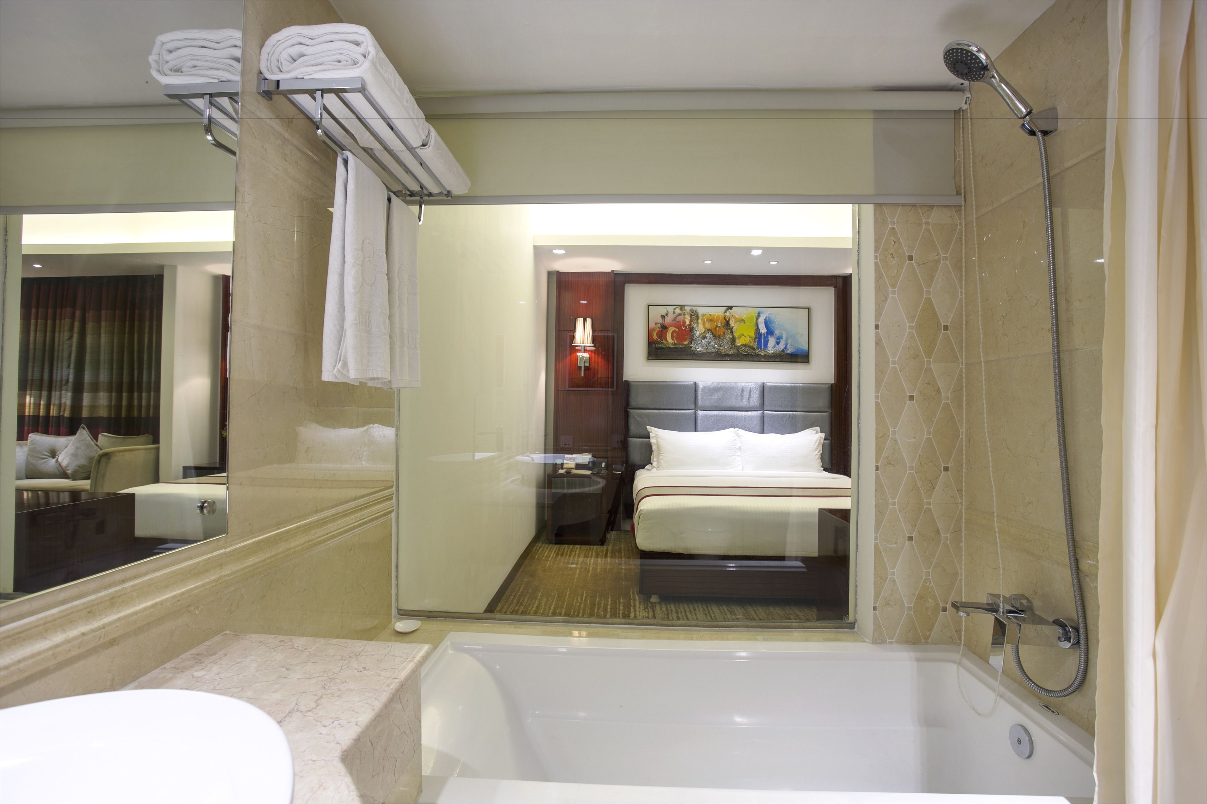 A modern bathroom with a bathtub, a shower, and a glass-enclosed walk-in closet.