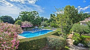 A swimming pool surrounded by lush greenery and a clear blue sky. - Chez Walter (Lucciana)