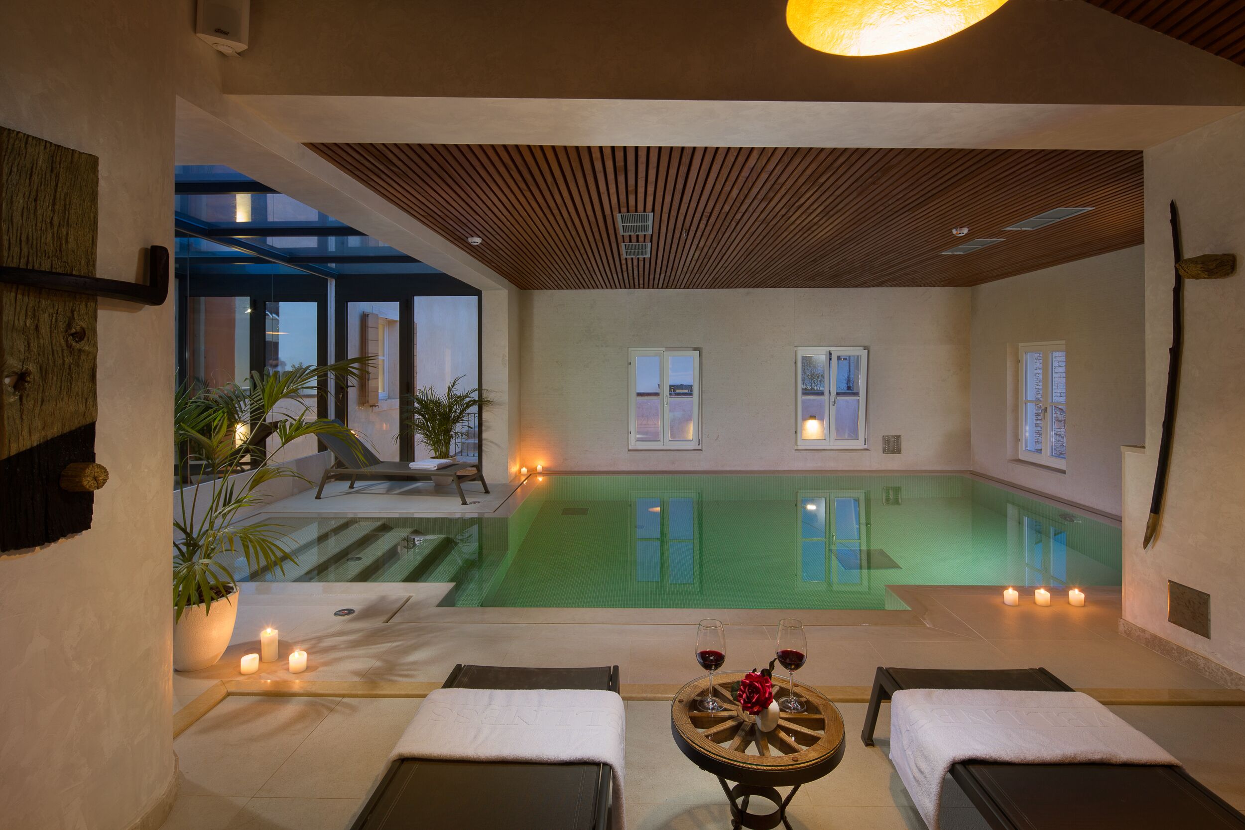 indoor pool, pool loungers