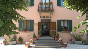 A hotel entrance with a sign, steps, potted plants, and green shutters.