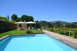 Seasonal outdoor pool, pool loungers