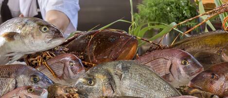 Variedad de pescado exhibido en un mercado.