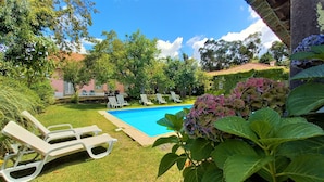 A pool area with lounge chairs, a clear blue pool, and lush greenery. - Quinta da Roseira (Ponte de Lima)