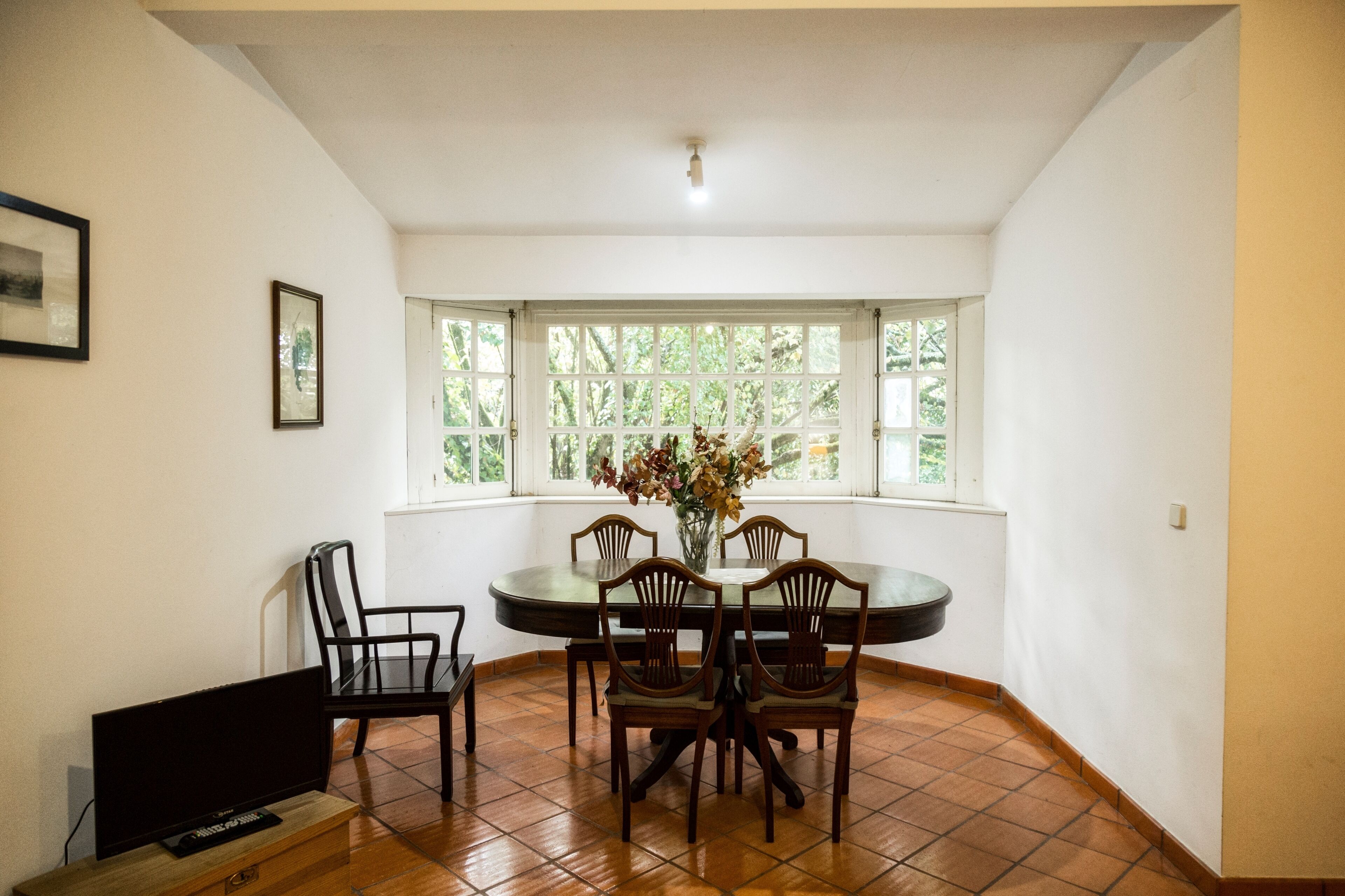 Un comedor con una mesa redonda, cuatro sillas, un florero con flores y un televisor sobre un mueble bajo.