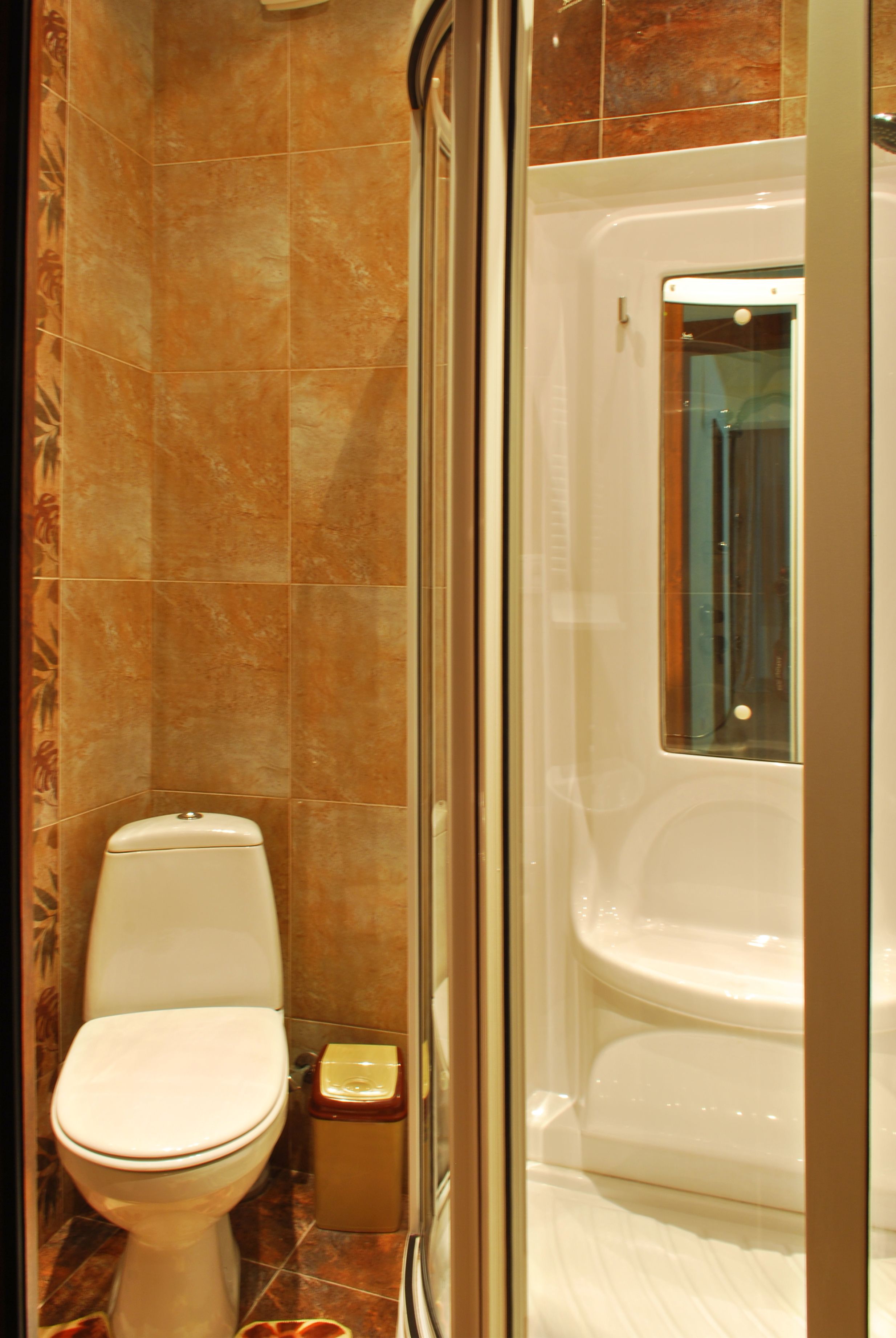 A bathroom with a toilet, a trash bin, and a glass-enclosed shower area.