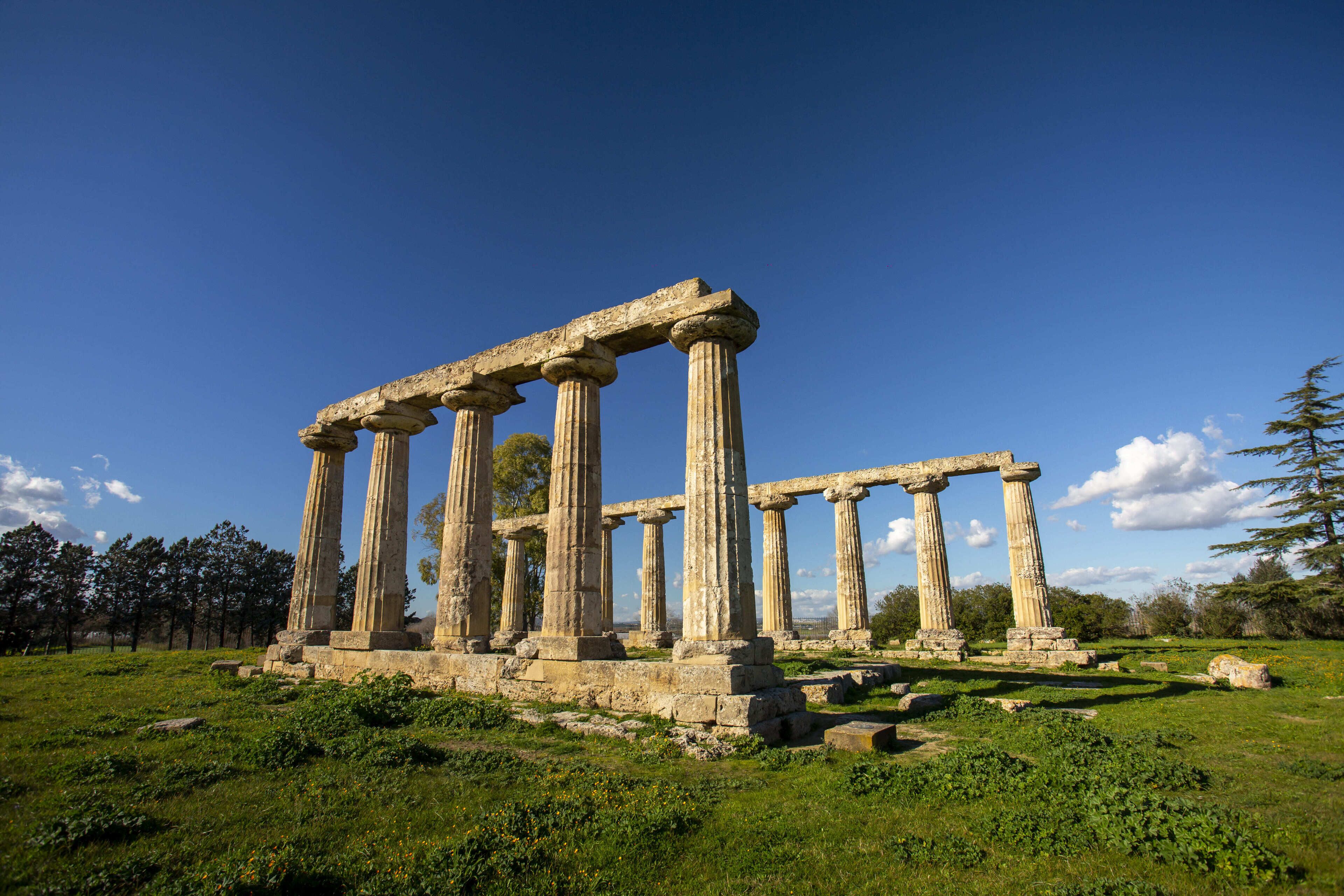 Ancient stone columns in a grassy field.