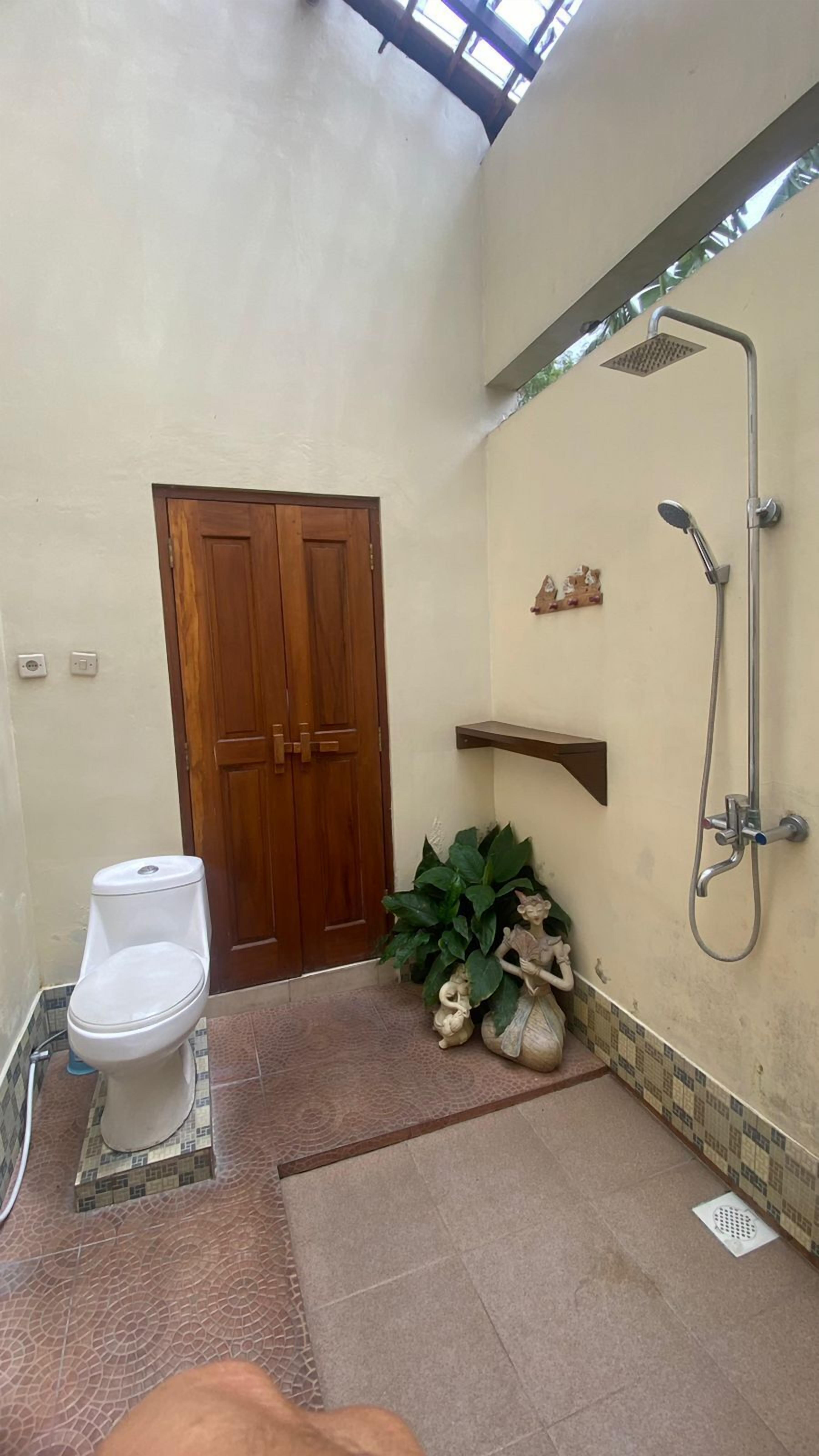 A bathroom with a toilet, shower, and wooden door.