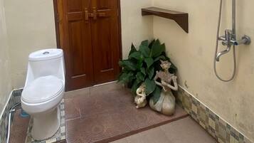A bathroom with a toilet, shower, and wooden door.