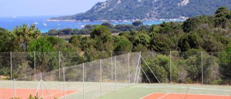 A tennis court with a net, surrounded by trees and a mountainous backdrop.