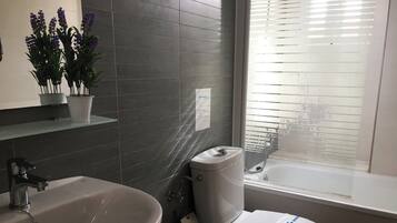 A bathroom with a sink, toilet, and window.