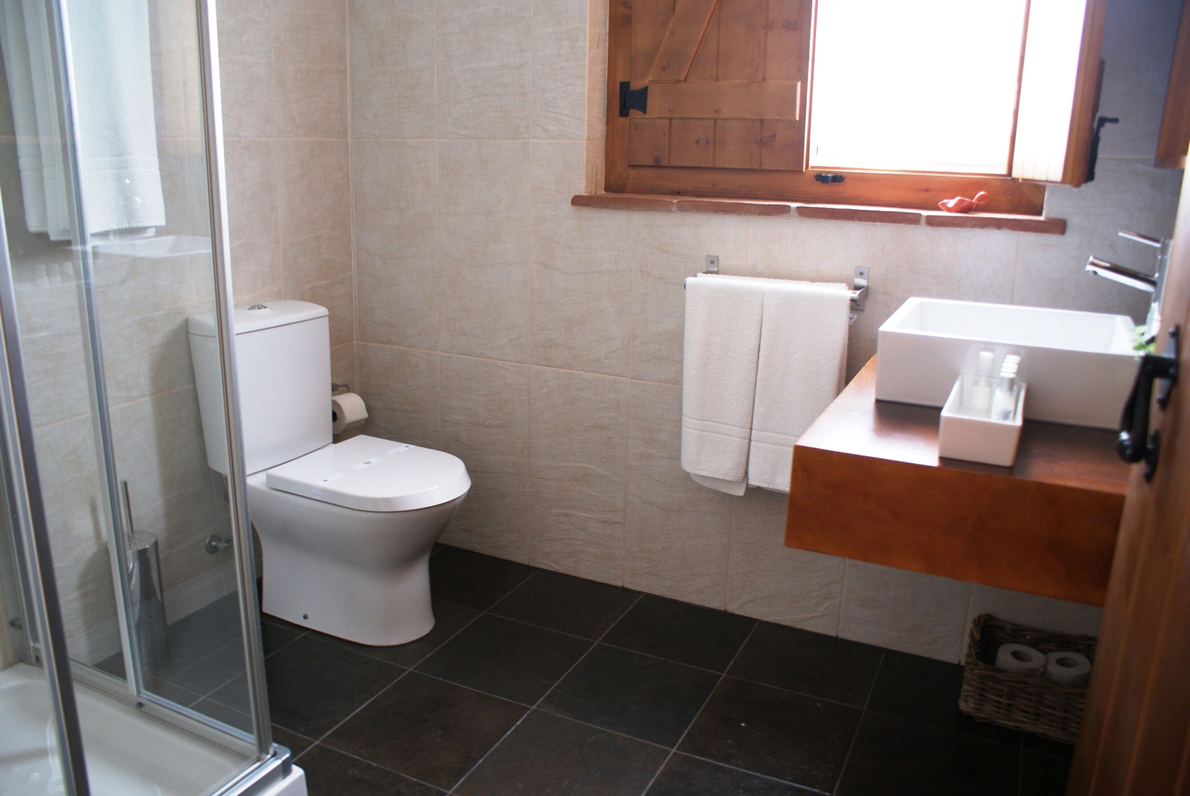 A bathroom with a toilet, a sink, and a shower area.