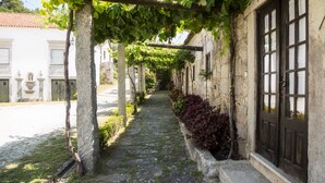 Un estrecho sendero adoquinado flanqueado por edificios con muros de piedra y una pérgola cubierta de hiedra.