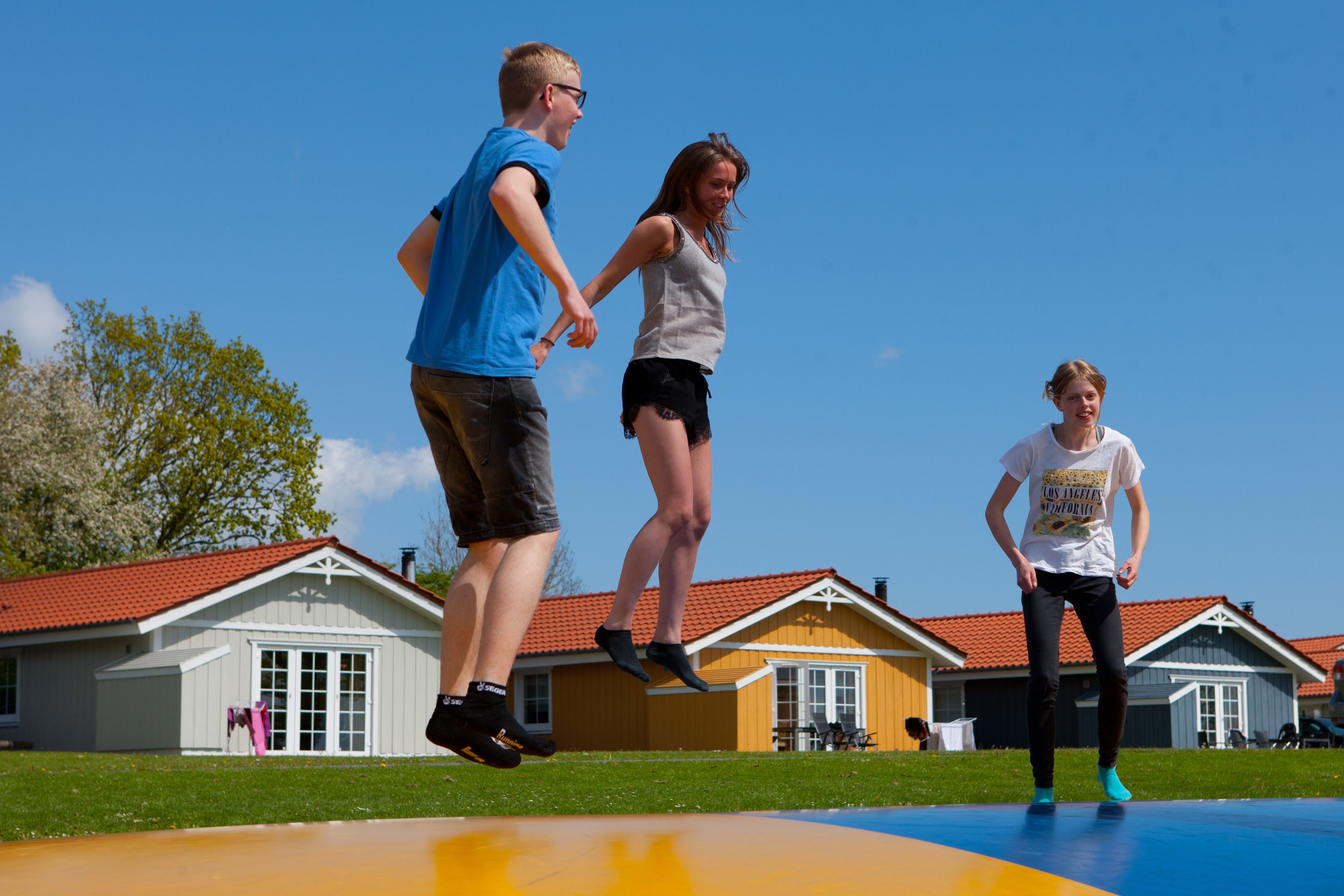 A trampoline in a residential area with houses in the background.