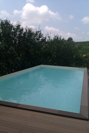Seasonal outdoor pool, pool umbrellas, pool loungers
