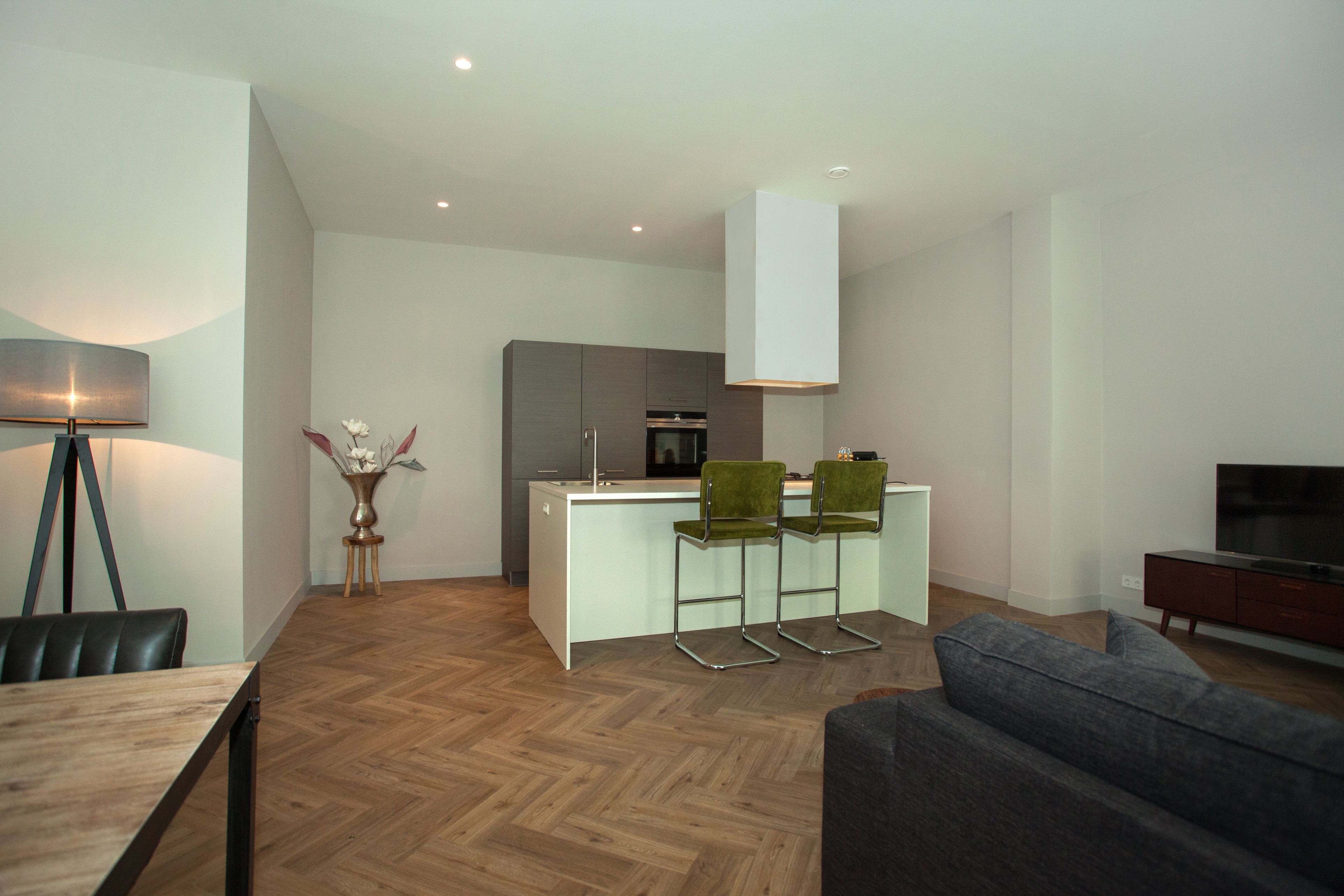 A modern living room with a dining area, a kitchen with a bar, and a TV.