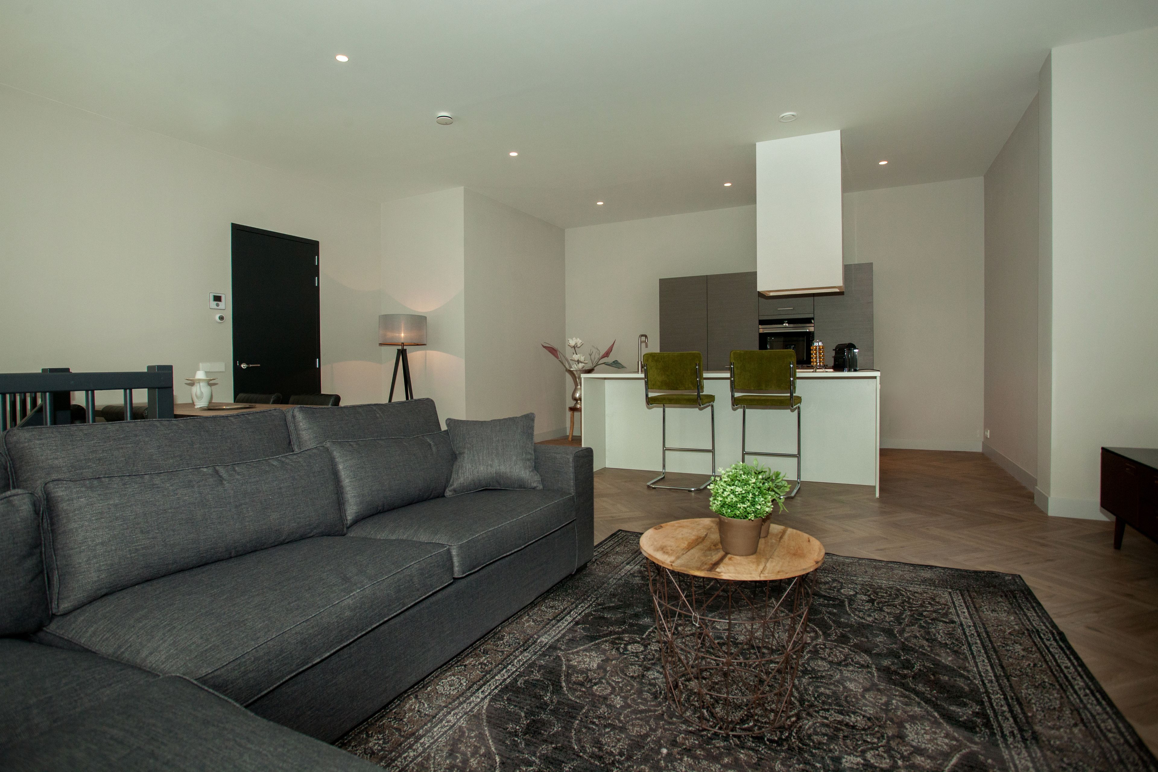 A modern living room with a grey sofa, a round wooden coffee table with a plant, and a patterned rug.