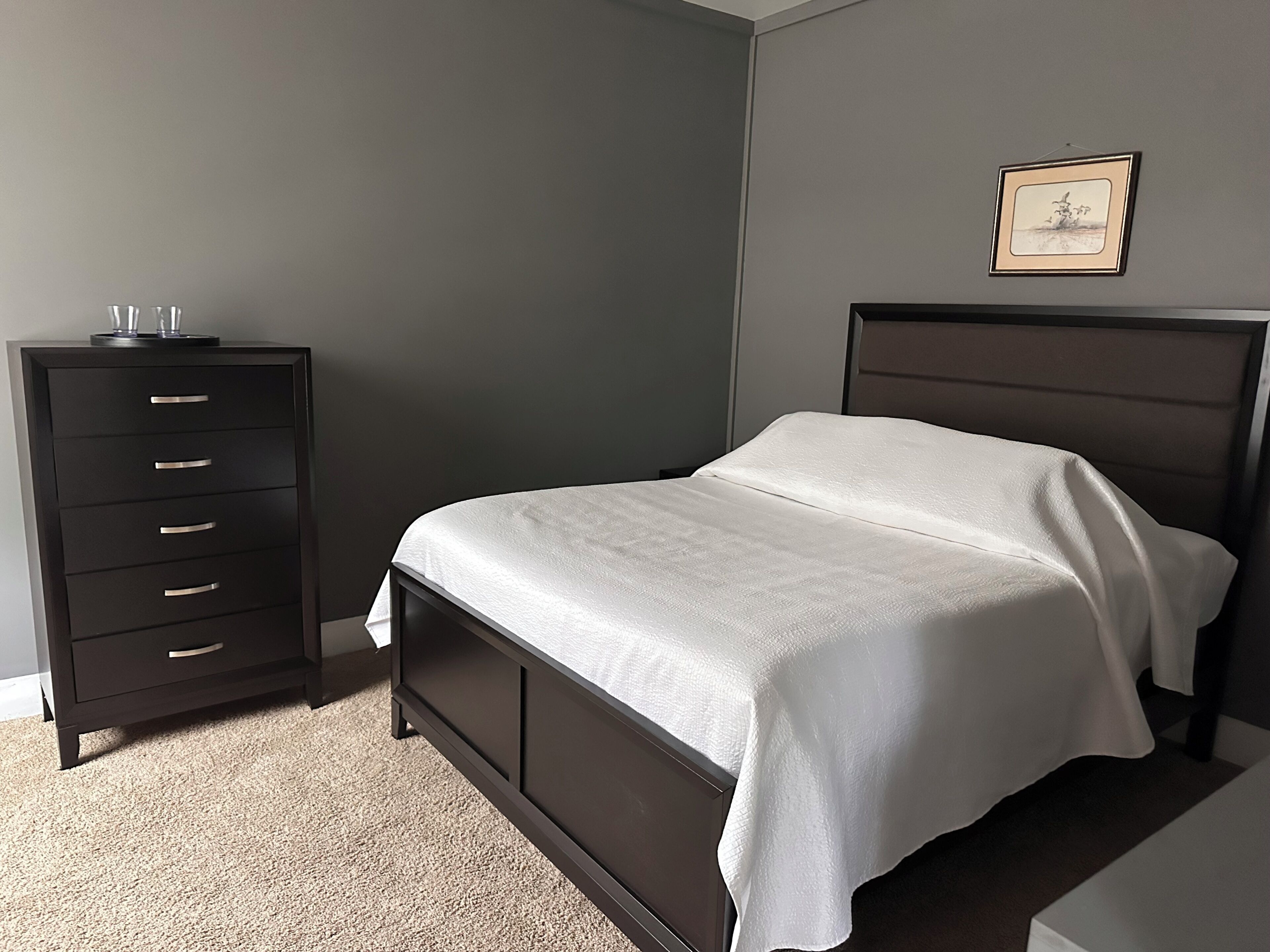 Une chambre à coucher avec un lit, une commode et un tableau encadré au mur.