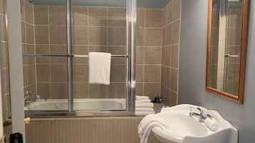 Hair dryer, towels, soap, shampoo