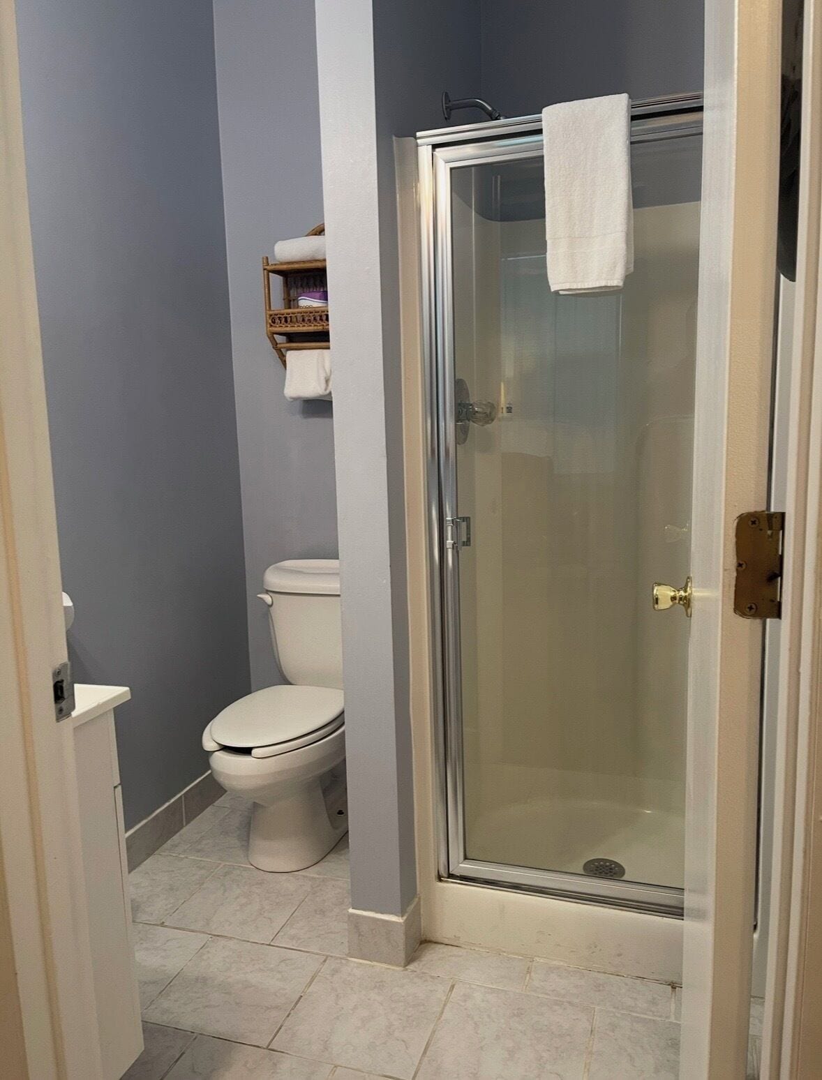 Un baño con inodoro, ducha con cerramiento de vidrio y un perchero para toallas.