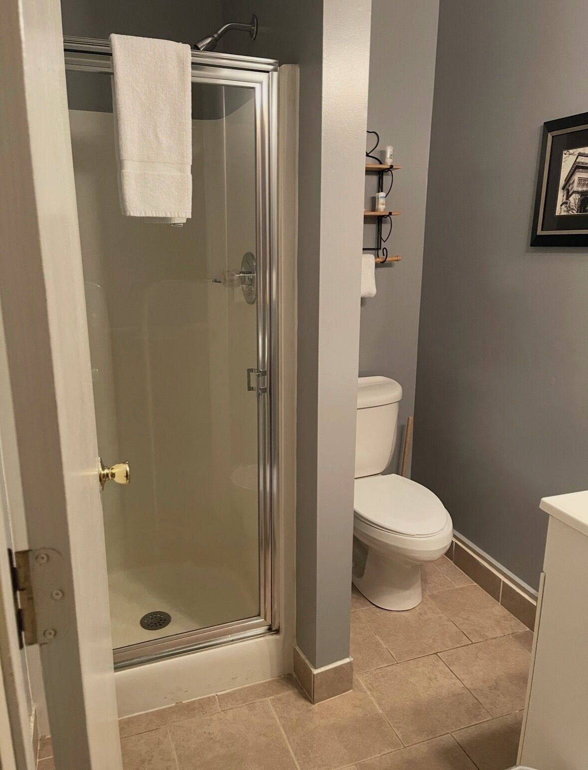 A bathroom with a glass-enclosed shower, a white toilet, and a framed picture on the wall.