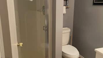 A bathroom with a glass-enclosed shower, a white toilet, and a framed picture on the wall.