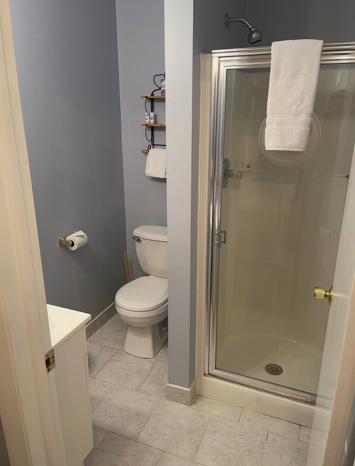 Et badeværelse med toilet, glasvæg ved brusebad og håndklædestang.