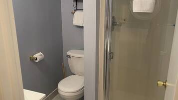 Et badeværelse med toilet, glasvæg ved brusebad og håndklædestang.