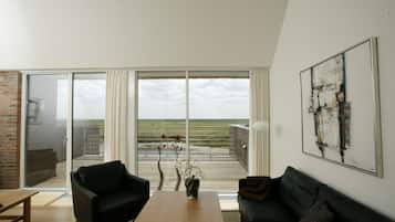 32-inch flat-screen TV with satellite channels, TV, fireplace