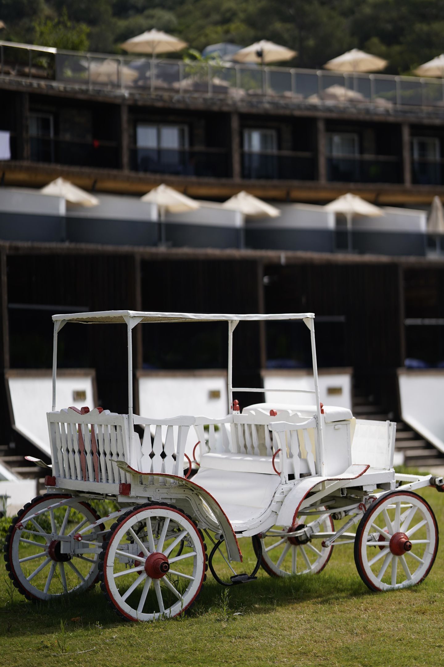 A white carriage with red wheels parked on grass.