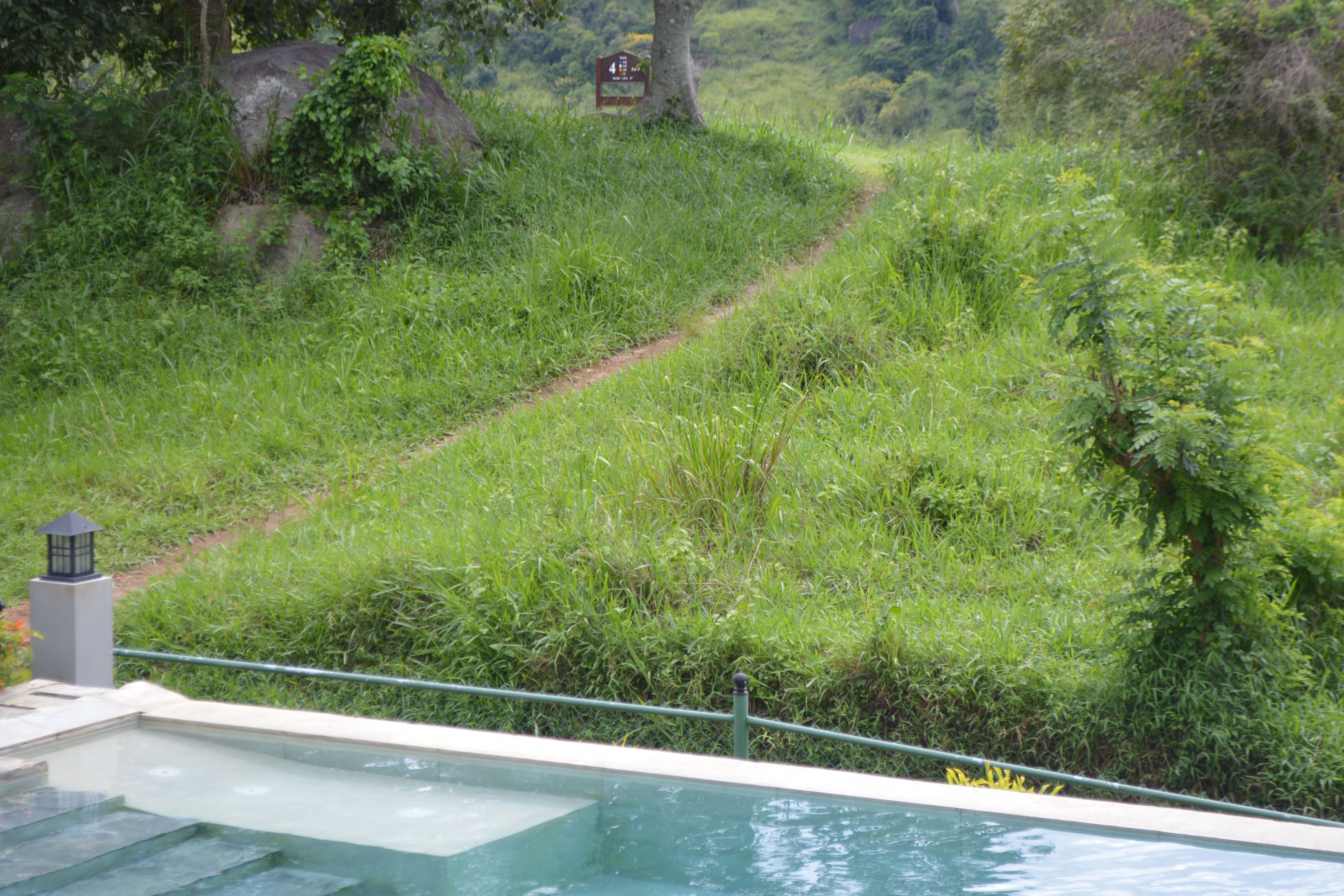 A pool with a clear view of a grassy path and a sign in the background.