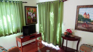 Una sala de estar con televisor sobre un mueble de madera, cortinas verdes, un cuadro y una mesita con un florero.