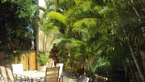 Un patio con mesa y sillas, rodeado de abundante vegetación y plantas altas.