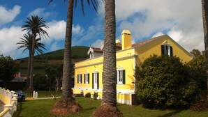 Un bâtiment jaune orné de bordures blanches, entouré de palmiers et de verdure.