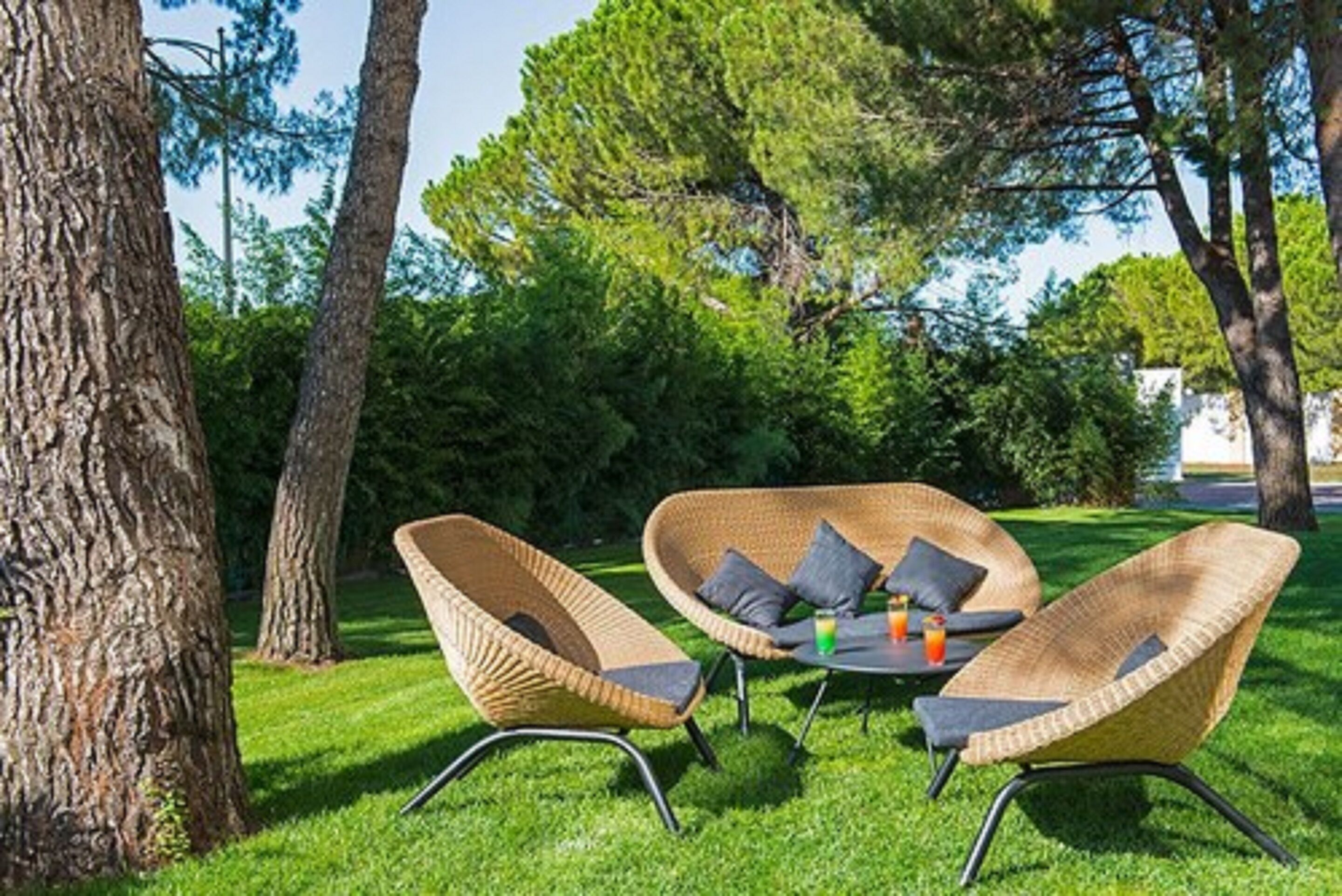 An outdoor seating area with wicker chairs and a table, surrounded by trees and grass.