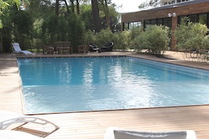Outdoor pool, pool umbrellas, pool loungers