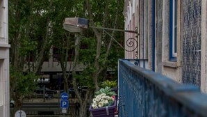 A narrow street with a parked car, a blue railing, and potted plants on a balcony. - Inn Fashion Residence (Lisbon)