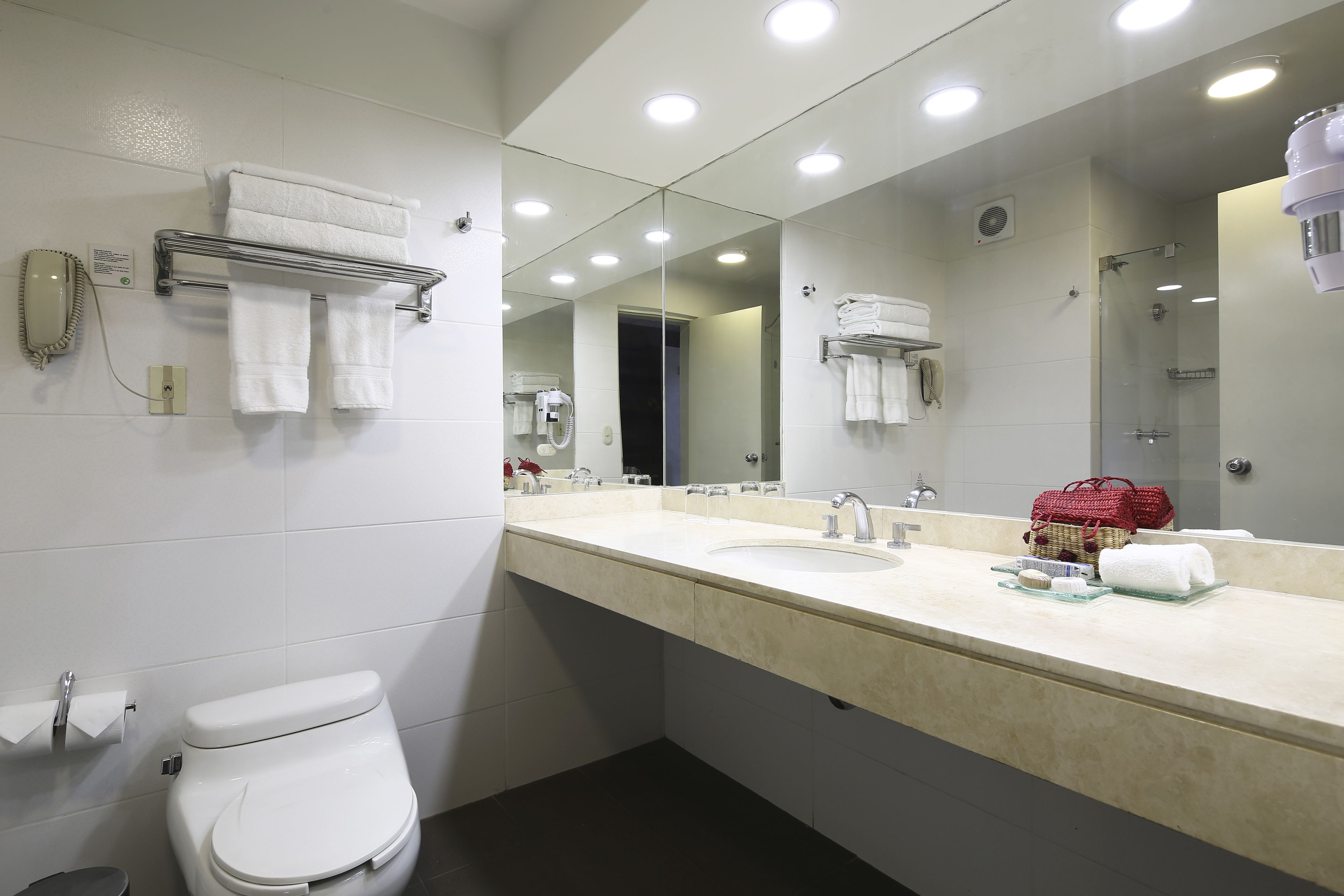 shower, free toiletries, hair dryer, towels