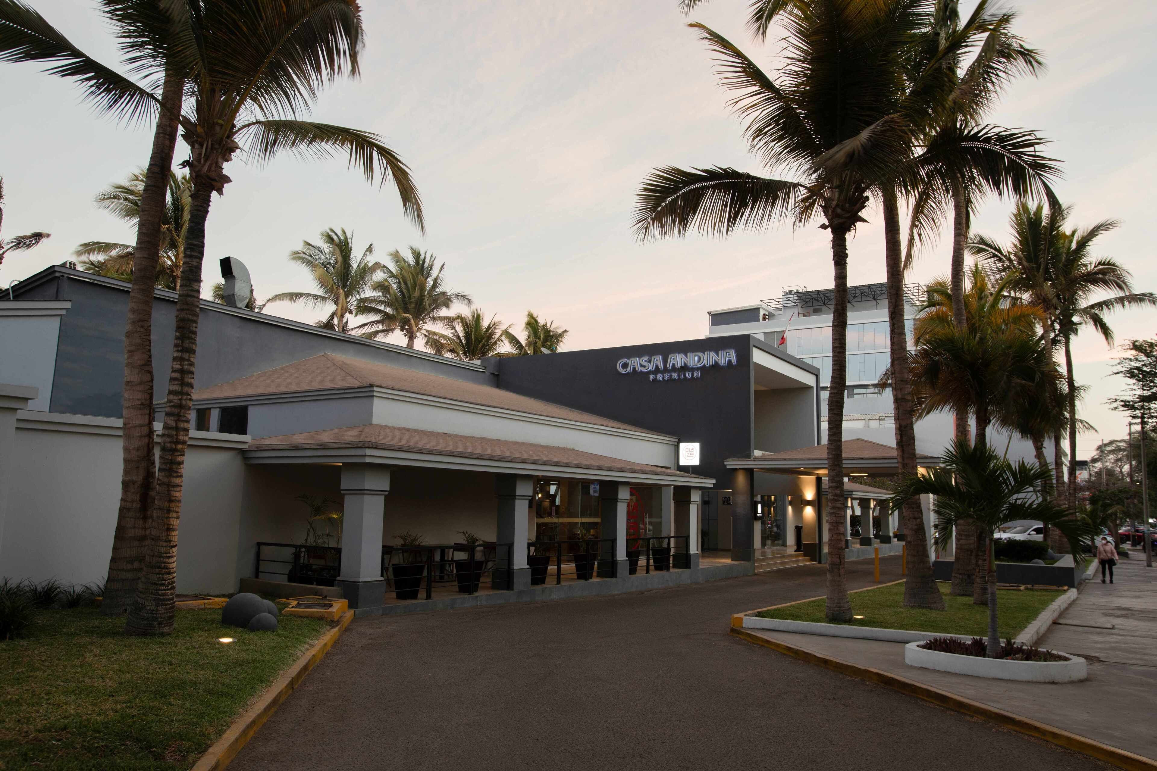 Un hotel llamado 'Casa Andina' con una fachada moderna, palmeras y un acceso pavimentado.
