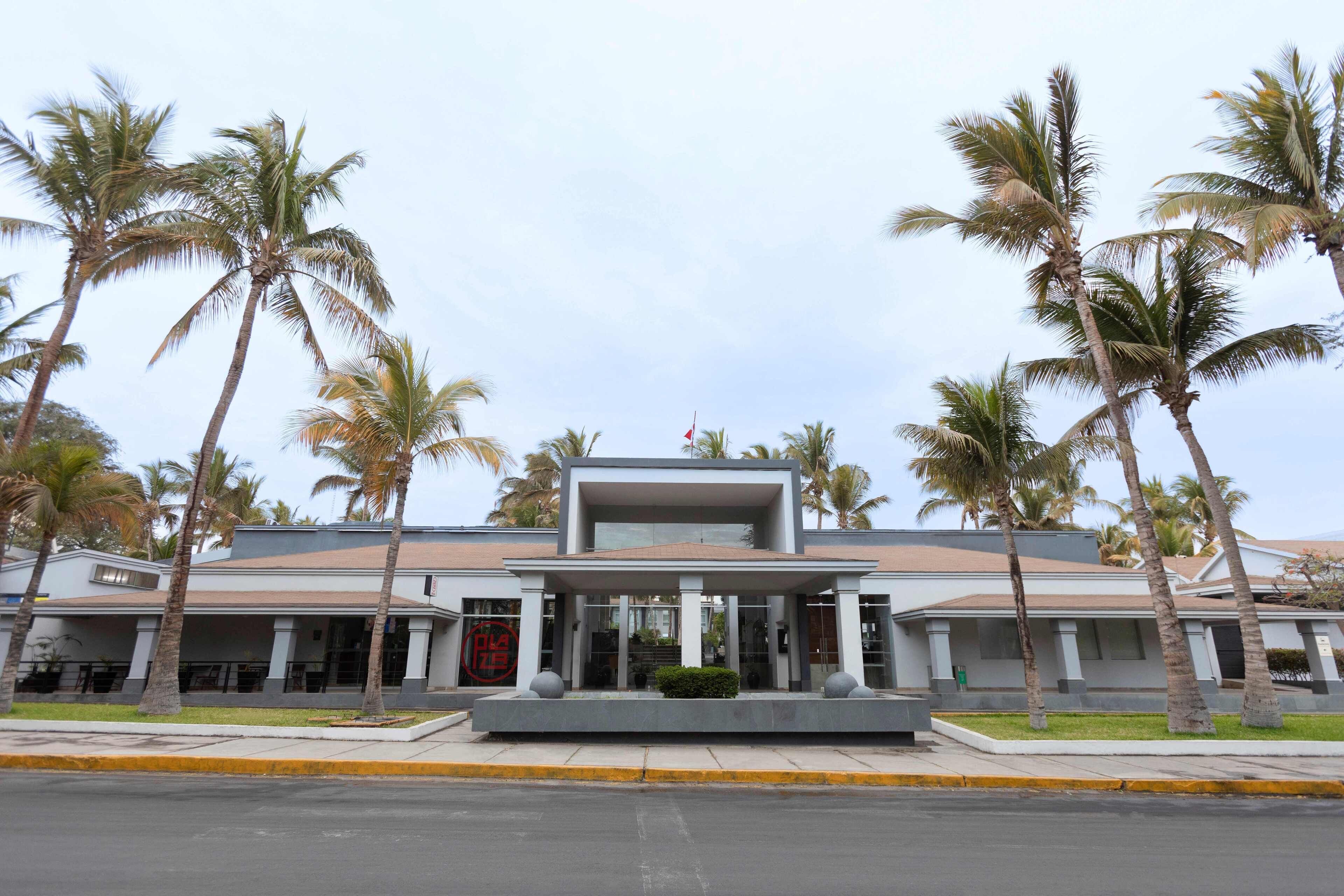 A modern building with a flat roof, surrounded by palm trees.