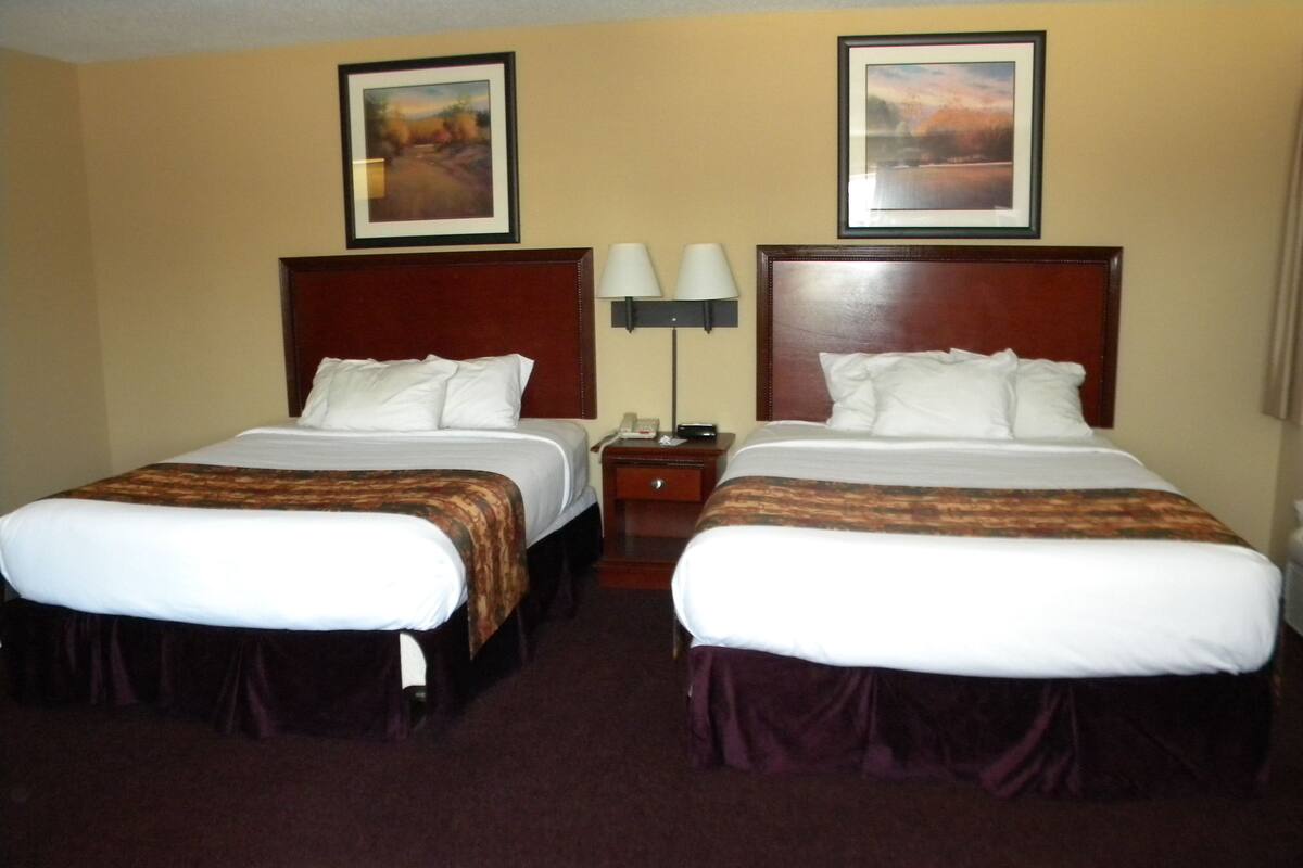 Habitación de hotel con dos camas, una mesita de noche, una lámpara y dos cuadros en la pared.