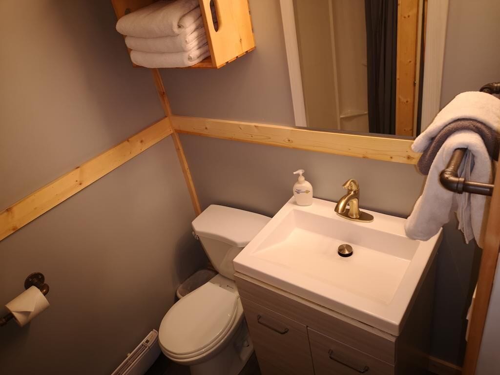A bathroom with a white sink, a mirror, a toilet, and a wooden shelf with towels.