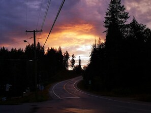 A road curving through a forest with a sunset in the background. - Overlook Inn & Cabins (Clearwater)
