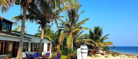 Zona de piscina con terraza de madera, sillas de descanso y vista a la playa y al océano.