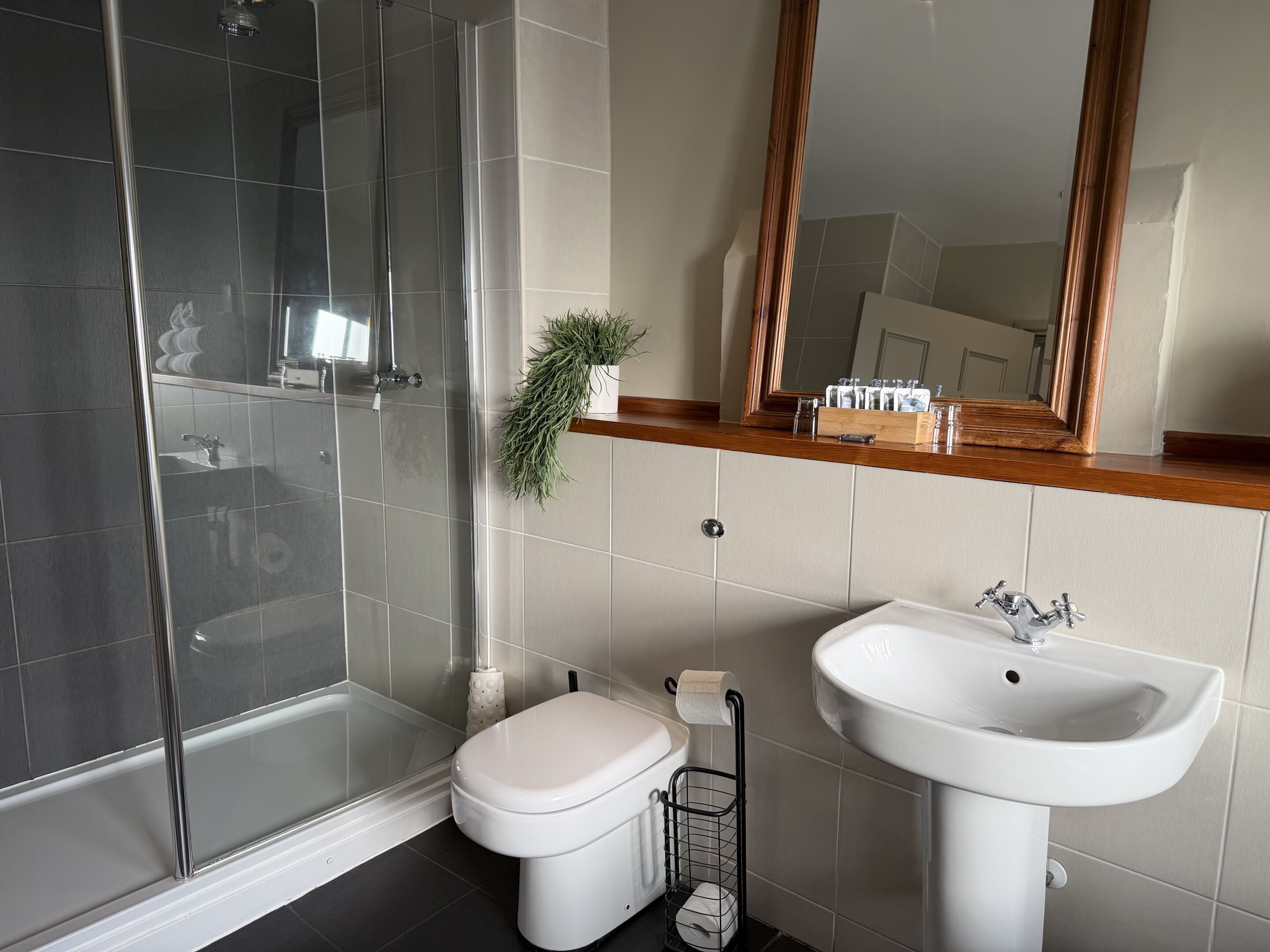 A modern bathroom with a glass shower enclosure, a toilet, and a sink.