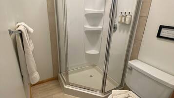 Eine Dusche mit Glastür, eine Toilette und ein Handtuchhalter.