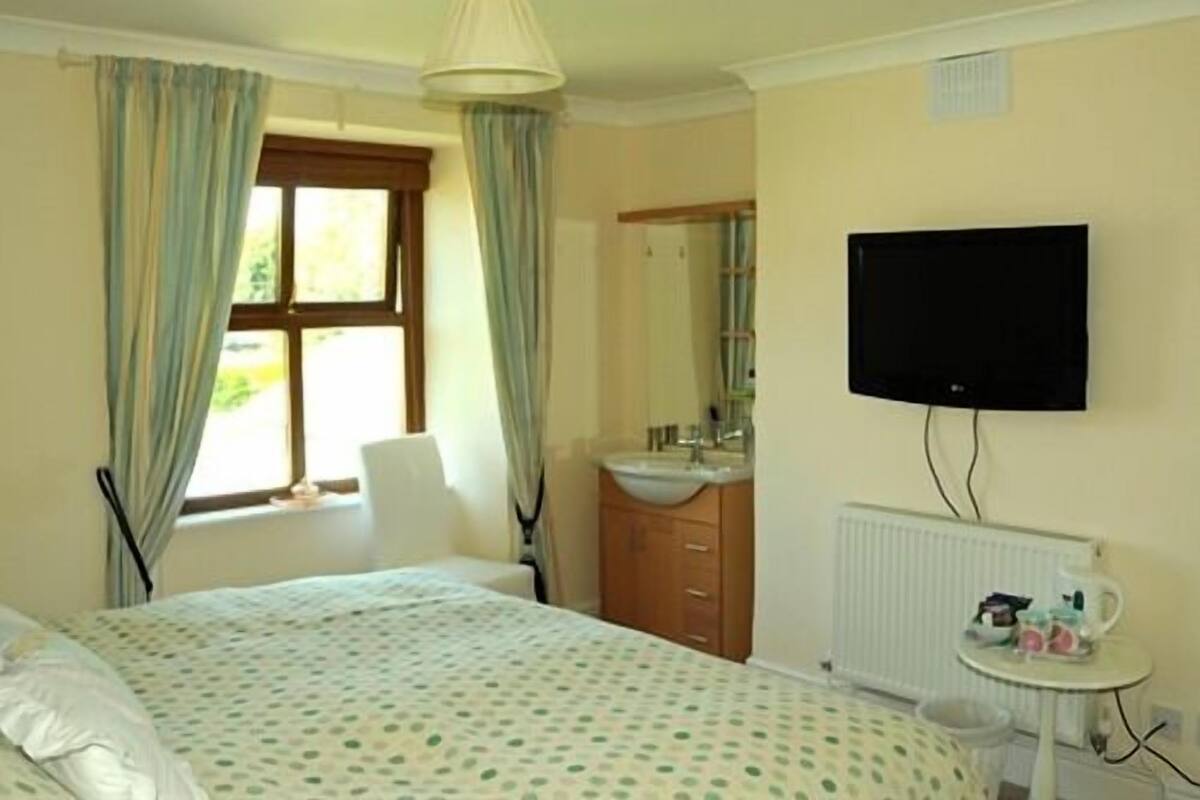 Une chambre à coucher comprenant un lit, une chaise, une télévision, un lavabo et une petite table avec une bouilloire.