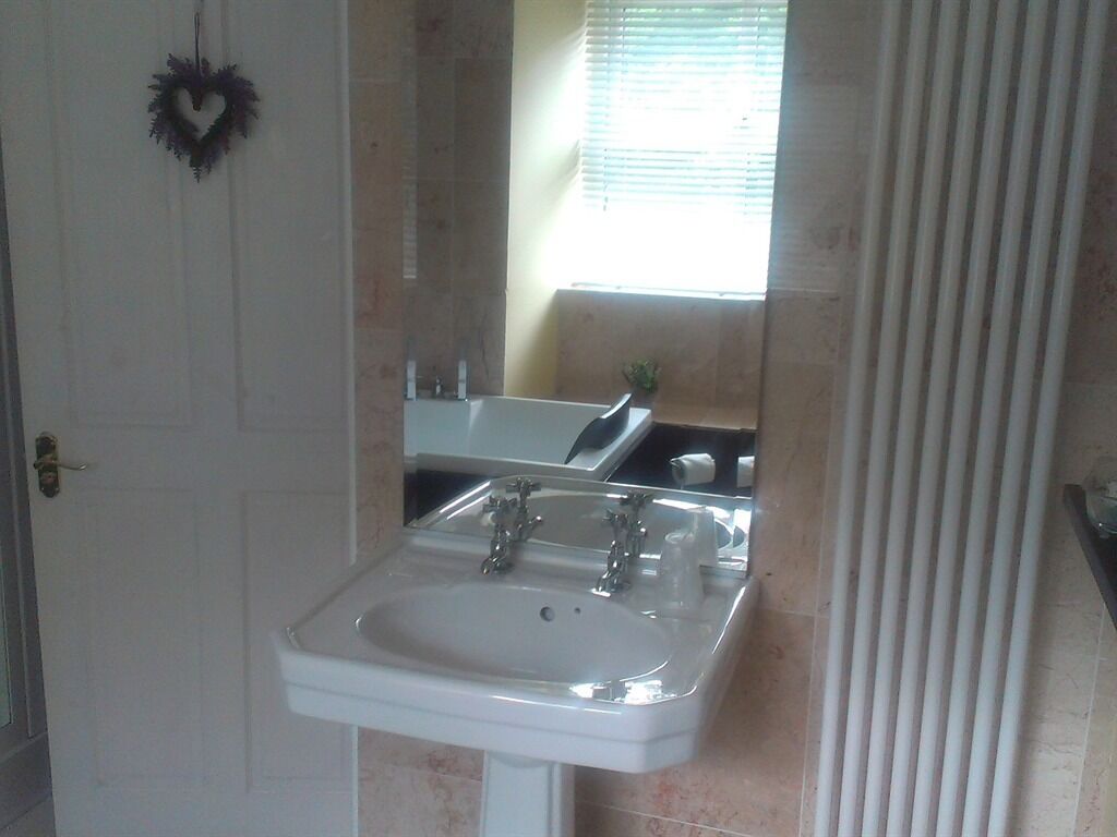 A bathroom with a white sink, a mirror, and a window with blinds.