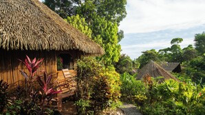 A thatched-roof hut with a wooden bench outside, surrounded by lush greenery and a stone pathway.