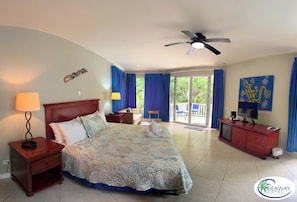 A spacious bedroom with a large bed, a ceiling fan, a TV, and a view of the outdoors.